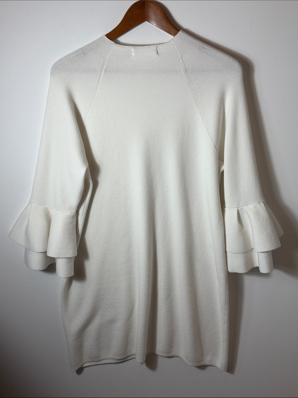 By Anthropologie XL Ivory Knit Sweater Dress Ruffle Bell Sleeve Shift Dress - Picture 2 of 3
